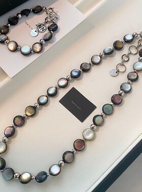 天然深海黑蝶贝伴彩项链女款配饰高端鲍贝炫彩串珠毛衣颈链个性风