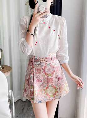 2024秋季万象纹橙色提花高级感百搭裙裤名媛气质改良复古短裙短裤