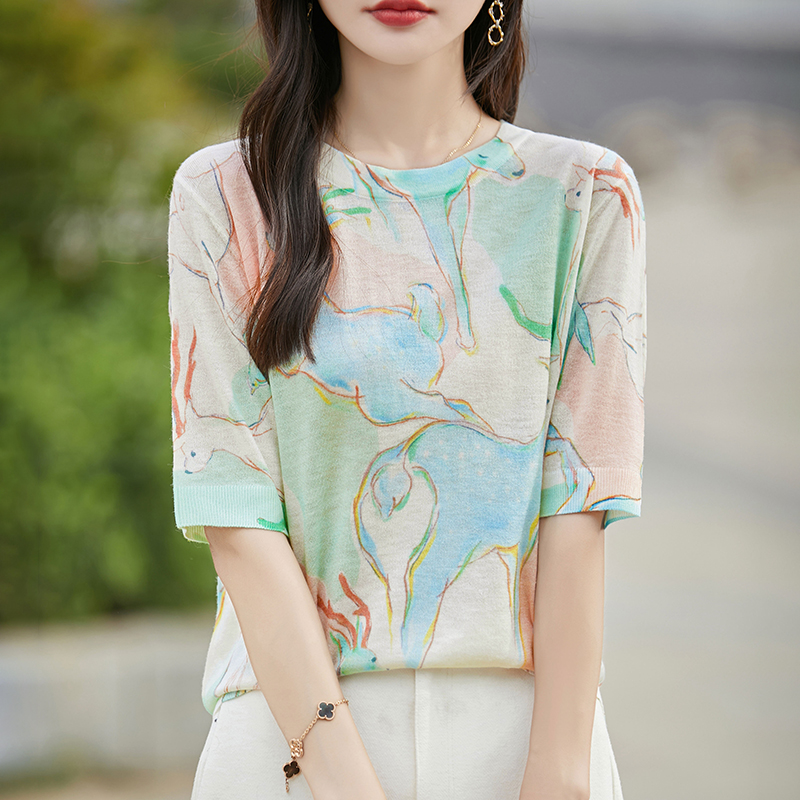 水溶羊毛炒軟糯短袖~女士夏季高端品質(zhì)短袖抽象暈染透氣針織背心