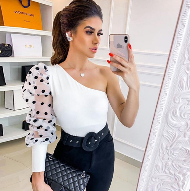 Wave point bubble sleeve T-shirt woman Oblique collar Wave puff sleeve jacketin the Women's clothing/Boutique , Large size women  category - from Buy2taobao.com to provide professional Taobao agent buy service