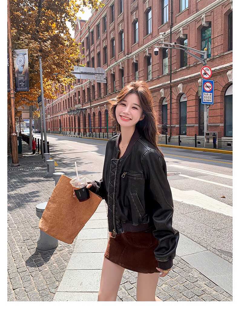 皮衣外套女春秋装2024新款宽松短款黑色长袖夹克上衣学生款