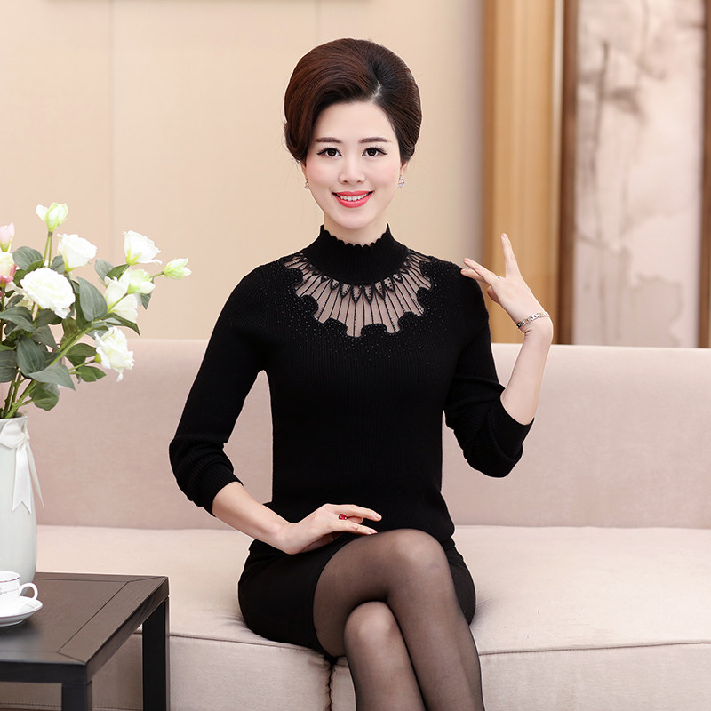 妈妈新款女士蕾丝绣花高领打底衫