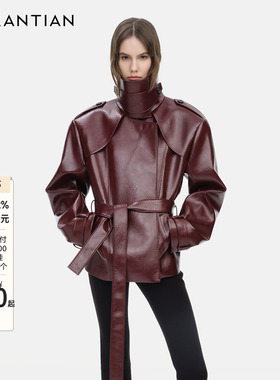 【YIRANTIAN】设计师冬款明星同款高立领PU廓形CIPHER皮衣外套
