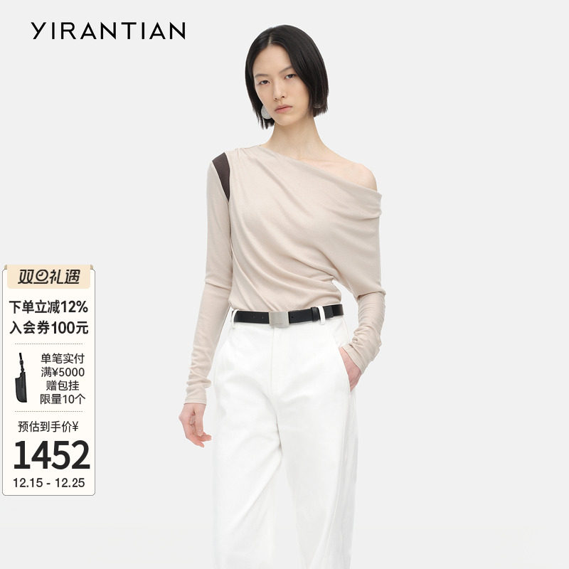 YIRANTIAN斜肩拼接长袖上衣
