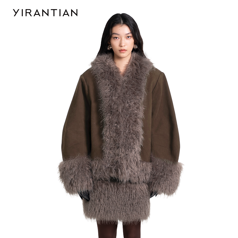 【YIRANTIAN】设计冬款简约高级设计感毛边拼接廓形皮草外套