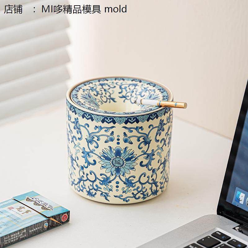 汝窑青花烟灰缸带盖防灰家用商用茶渣缸水盂杯洗陶瓷高档茶具配件