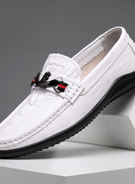 康奈官方正品新款头层牛皮白色鳄鱼纹豆豆鞋英伦潮流软皮软底休闲