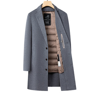 恒源祥70%绵羊毛双面呢可拆卸鹅绒内胆中长款外套男冬季羊毛呢子