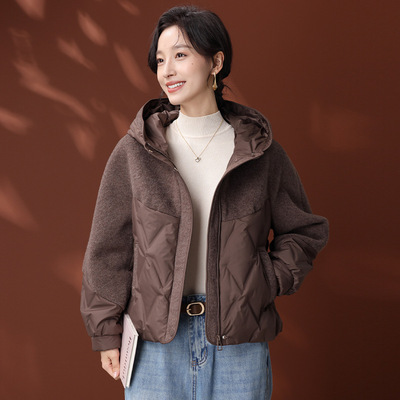 恒源祥小个妈妈冬装羽绒拼接毛呢外套时尚2026新款中老年女士秋冬
