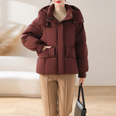 恒源祥年轻妈妈装冬季2024新款宽松白鸭绒外套中年女士连帽加厚羽