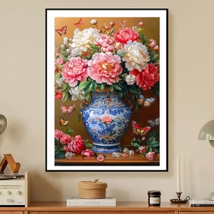 珠绣十字绣全珠子绣平安富贵牡丹花瓶竖版新款卧室彩珠绣串珠绣