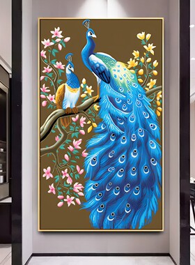 孔雀图玄关串珠绣竖版花开富贵
