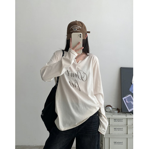长袖v领t恤女薄春季新款显瘦上衣
