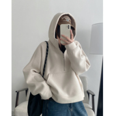 套头连帽外套 卫衣女春秋宽松休闲灰色韩版 sun柚 格雷系半拉链短款