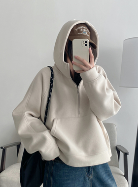 sun柚 格雷系半拉链短款卫衣女春秋宽松休闲灰色韩版套头连帽外套