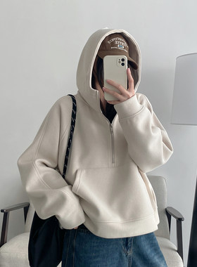 半拉链短款卫衣女秋季连帽外套