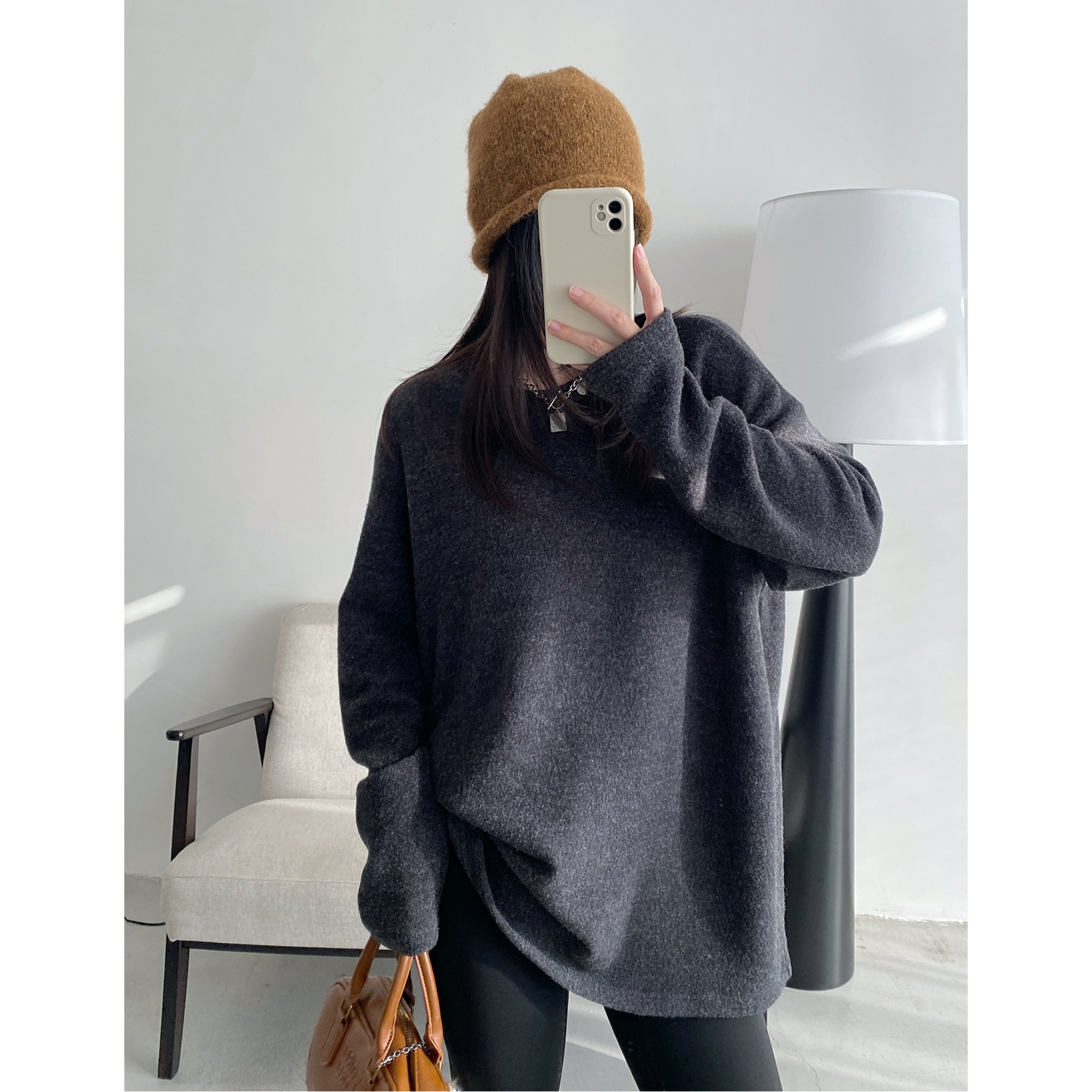 加厚纯色女秋冬宽松长袖t恤上衣