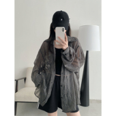 sun柚 女春夏设计感上衣格子衬衣防晒罩衫 潮牌微透格纹长袖 衬衫