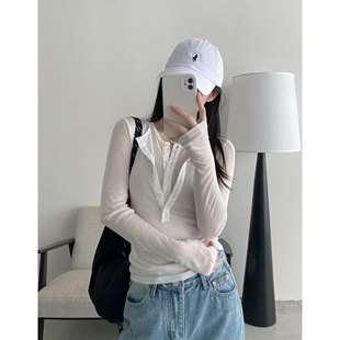 休闲松弛庸懒长袖 sun柚 上衣 真两件时尚 设计感韩版 春夏季 新款