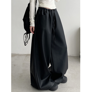 拖地裤 sun柚 加厚宽松直筒阔腿裤 女秋冬季 子 黑色PU皮磨毛休闲裤