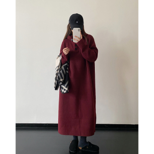 sun柚 【入梦童话】秋冬季慵懒风连帽净版毛衣裙女过膝长款连衣裙
