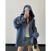 sun柚 外套 格纹连帽抽绳宽松显瘦廓形衬衫 格调经纬 蓝色经典