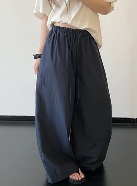 sun柚 凉凉裤~松紧腰花边空气感阔腿裤子休闲裤女春夏直筒长裤