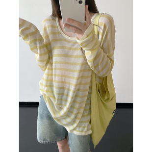 莱赛尔亚麻慵懒呼吸感长袖 越简单越好看 上衣 轻氧条纹T sun柚