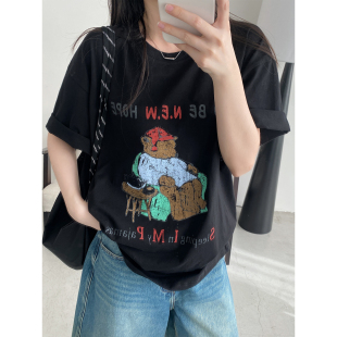宽松休闲慵懒半袖 t恤女夏季 上衣 做旧小熊印花短袖 sun柚高品棉美式