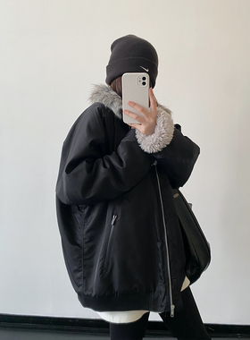 sun柚 黑色环保皮草仿貂毛拼接秋冬新款加厚夹克派克服毛毛外套