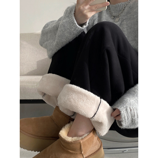 羊羔绒休闲卫裤 阔腿长裤 女宽松新款 加绒加厚束脚裤 子 冬季 sun柚