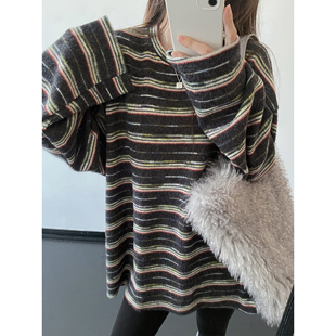 sun柚【乌尔旧林】冬季厚款条纹长袖T恤衫韩版宽松百搭上衣打底衫