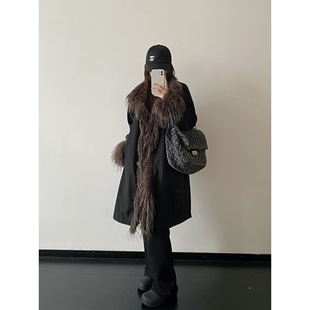 新款 棉衣秋冬季 原创设计毛绒内里立领毛边黑色棉服外套长款 sun柚