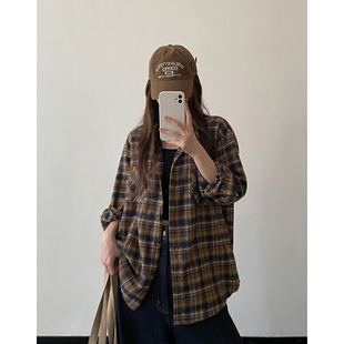 sun柚 格子衬衫女秋季高级感chic别致上衣法式宽松咖色慵懒风衬衣
