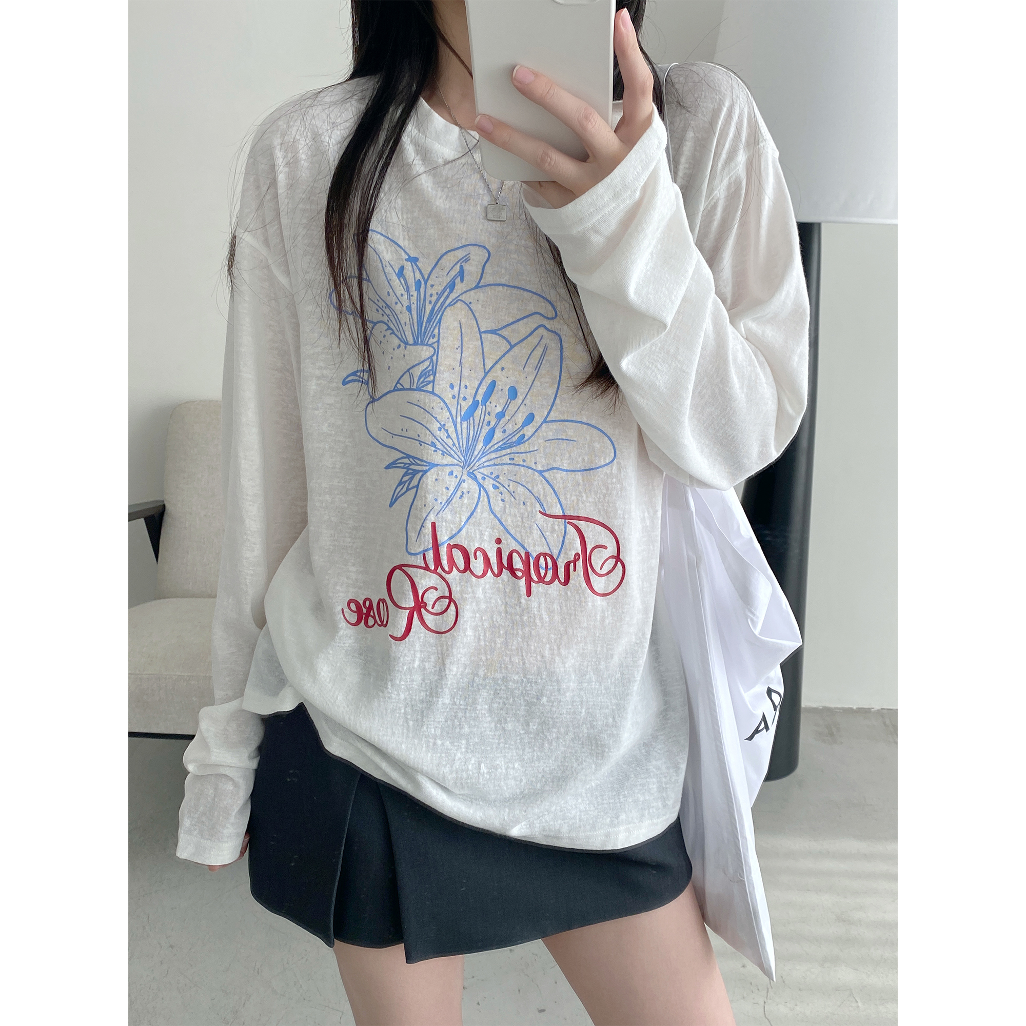 sun柚 微透t恤罩衫春夏韩系薄款百合印花宽松韩版ins长袖防晒衫女