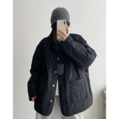 sun柚 复古葫芦纹菱格棉服女秋冬廓形轻薄宽松休闲无领棉衣外套