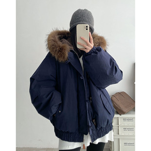 sun柚 加厚保暖90白鸭绒牛角扣连帽外套 大貉子毛领羽绒服女冬季