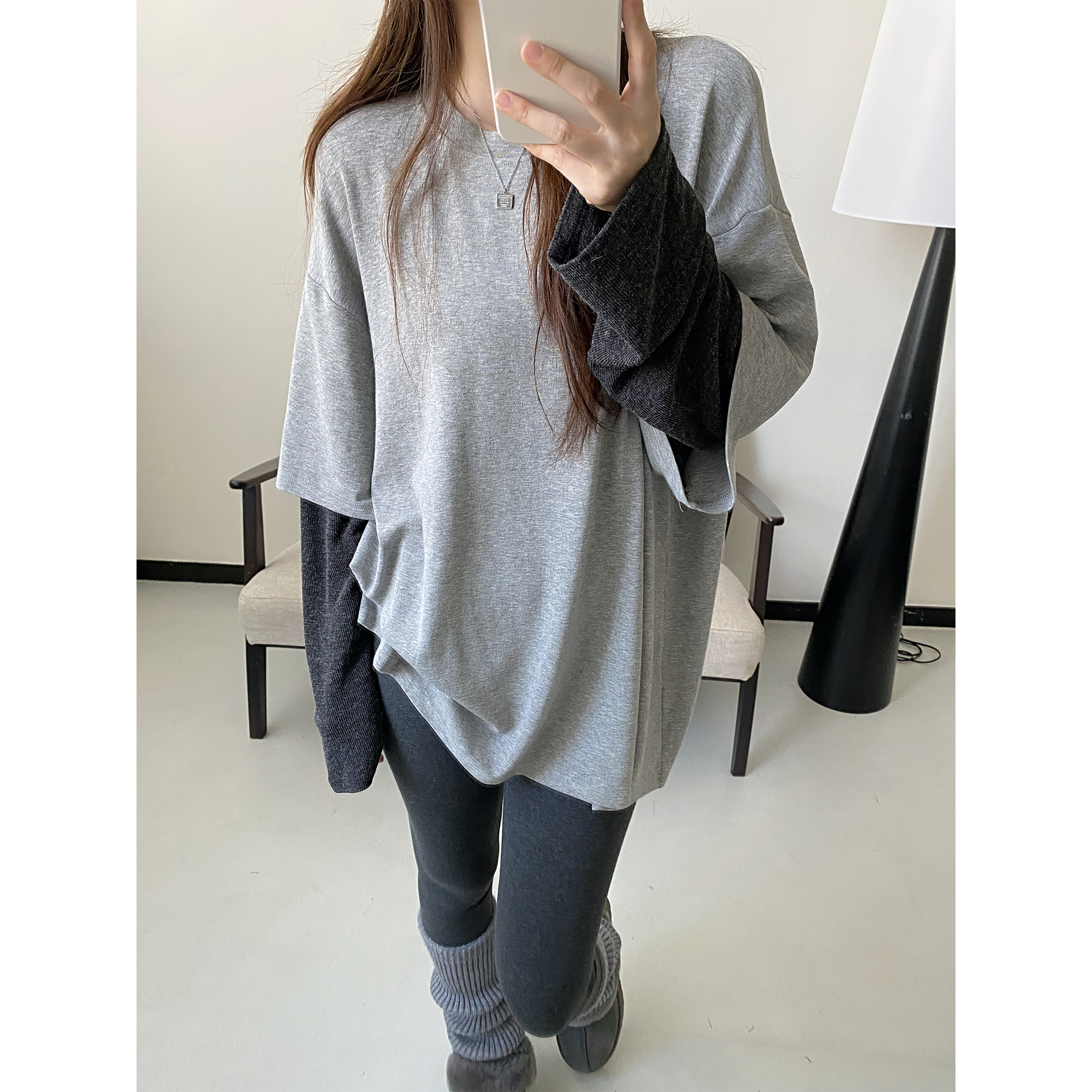 拼接长袖宽松显瘦假两件T恤上衣