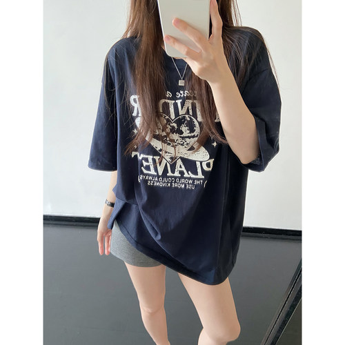 西海岸斑驳字母印花圆领大T恤夏
