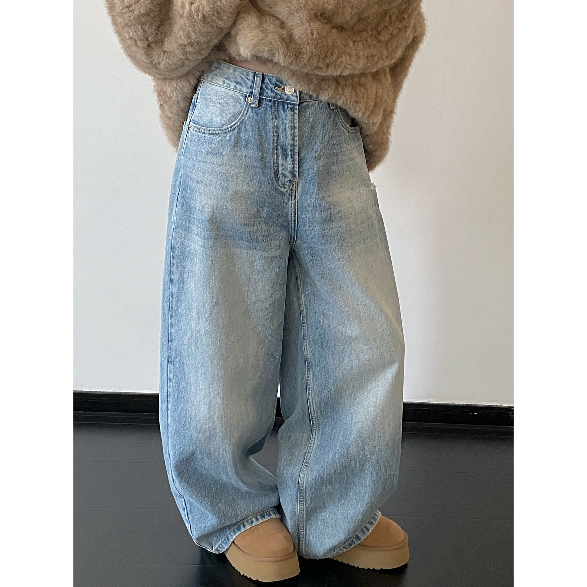 sun柚 经典水洗常青款宽松直筒系扣牛仔裤通勤休闲百搭阔腿长裤,女装/女士精品,牛仔裤,淘宝优惠券,粉丝福利购,淘宝优惠卷