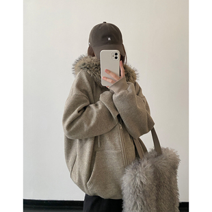 sun柚 显瘦卫衣外套女上衣 可拆卸大毛领连帽加绒高克重秋冬开衫