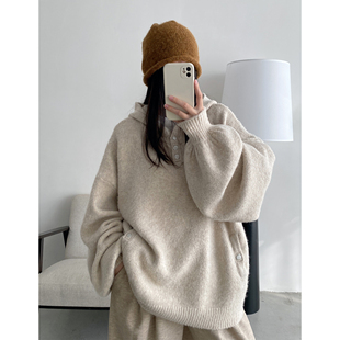 复古休闲针织上衣 加厚宽松慵懒风美式 sun柚 连帽卫衣外套女秋冬季