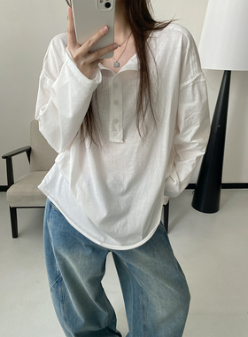 sun柚 慵懒风毛边分割宽松线条打底拼接随性上衣长袖T恤白色廓形