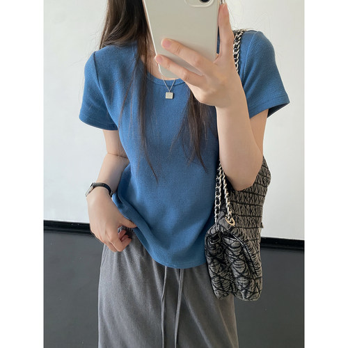 纯色华夫格t恤春夏圆领短袖上衣