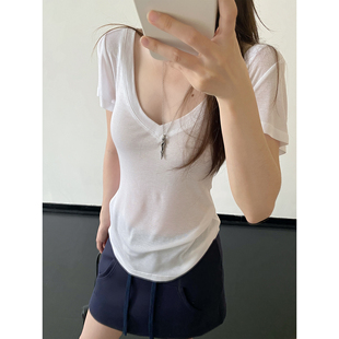 sun柚'舒芙蕾神tee'兰精夏季纯色美丽奴微透感低龄V领收腰短袖T恤