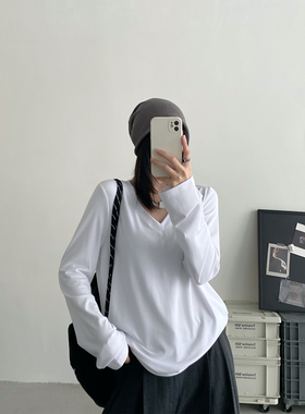 【清仓价】 春夏白色t恤女v领长袖针织衫宽松休闲百搭打底上衣