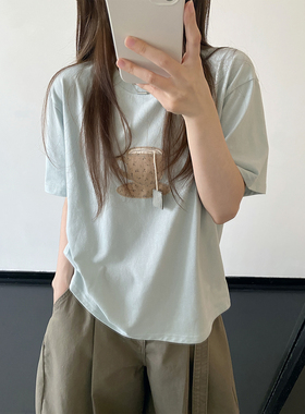 sun柚  diy有趣的茶包 蓝色刺绣短袖印花T恤女夏季纯棉宽松上衣