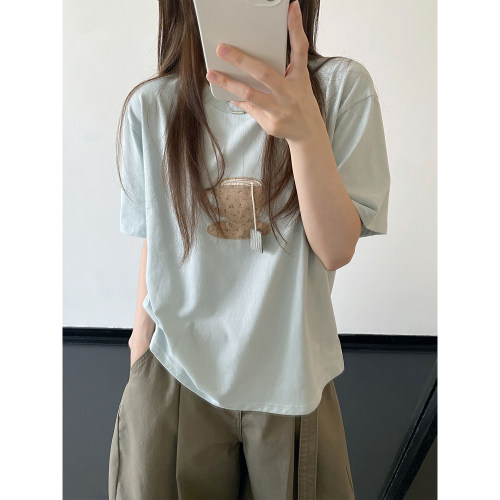 蓝色刺绣短袖印花T恤女夏季上衣