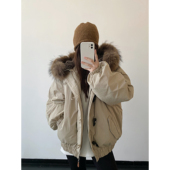 sun柚 大貉子毛领羽绒服女冬季 加厚保暖90白鸭绒牛角扣连帽外套