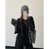 打底衫 sun柚 复古慵懒感叠穿拼接长袖 宽松巨显瘦假两件T恤上衣女